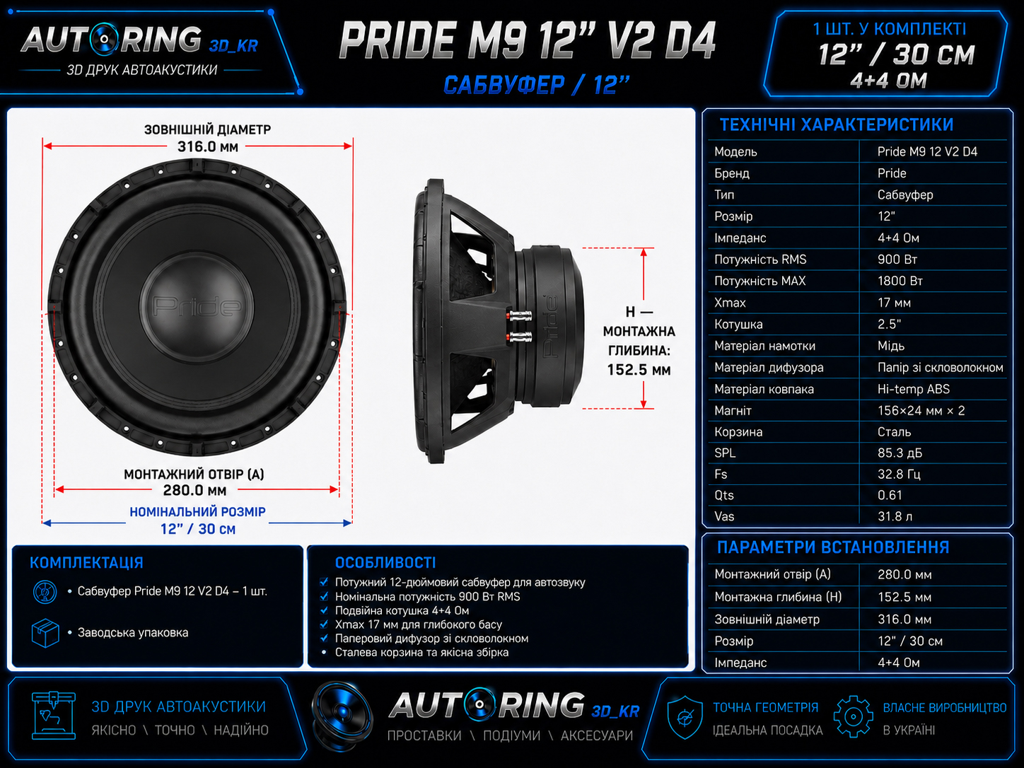 Розміри Pride M9 12 V2 D4